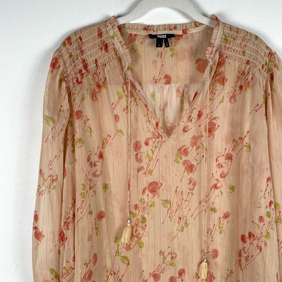 Paige Indira Sheer Floral Blouse Top Women L Metallic Stripe Afterglow Cream Red - Picture 4 of 11
